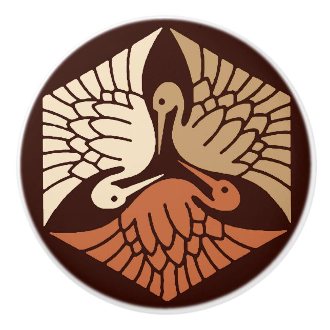 Japanese Cranes, Tan, Rust & Chocolate Brown Ceramic Knob (Front)