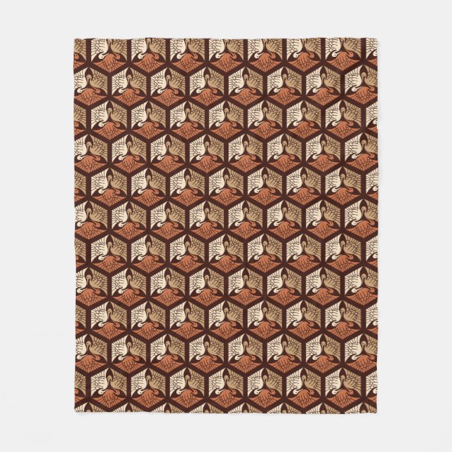 Japanese Cranes, Tan, Rust & Chocolate Brown Fleece Blanket (Front)