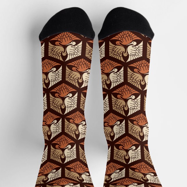 Japanese Cranes, Tan, Rust & Chocolate Brown Socks (Top)