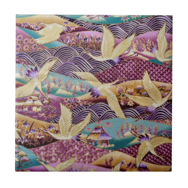 Japanese Cranes Traditional Design Purple Tile (Front)