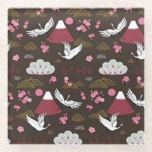 Japanese Cranes: Traditional Seamless Pattern Glass Coaster