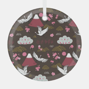 Japanese Cranes: Traditional Seamless Pattern Glass Tree Decoration