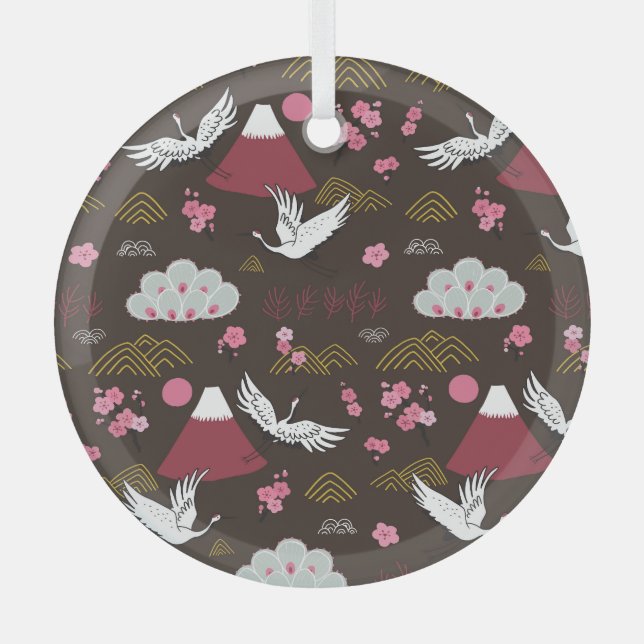 Japanese Cranes: Traditional Seamless Pattern Glass Tree Decoration (Front)