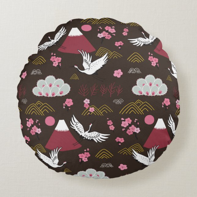 Japanese Cranes: Traditional Seamless Pattern Round Cushion (Front)