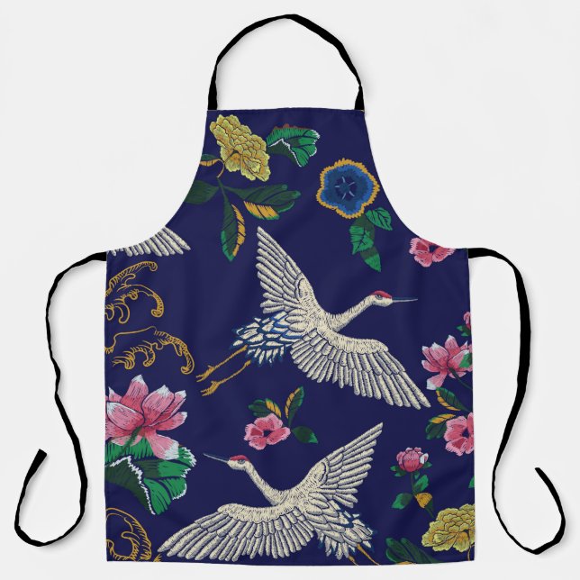 Japanese cranes, waves and flowers. Embroidery ill Apron (Front)