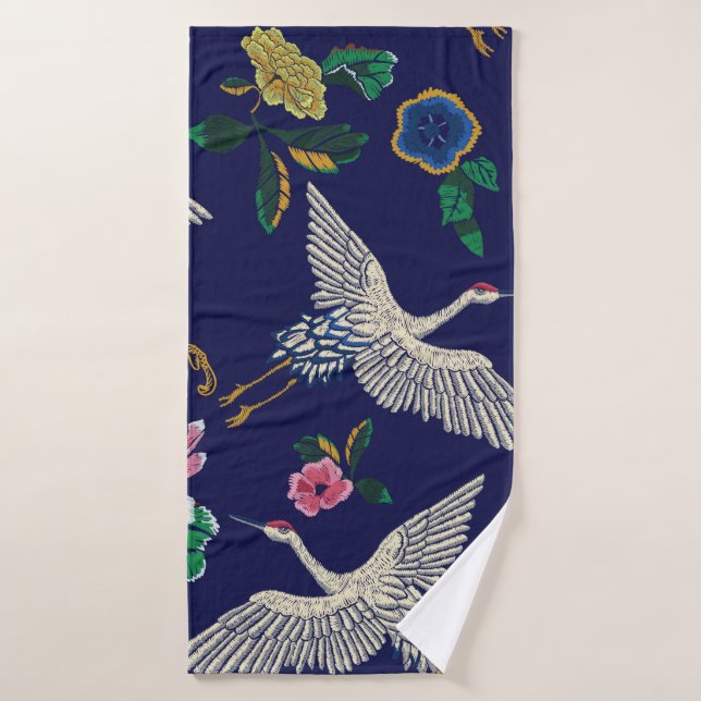Japanese cranes, waves and flowers. Embroidery ill Bath Towel (Bath Towel)