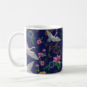 Japanese cranes, waves and flowers. Embroidery ill Coffee Mug