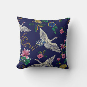 Japanese cranes, waves and flowers. Embroidery ill Cushion