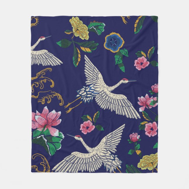 Japanese cranes, waves and flowers. Embroidery ill Fleece Blanket (Front)
