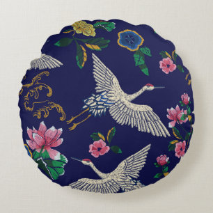 Japanese cranes, waves and flowers. Embroidery ill Round Cushion
