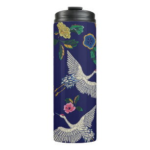 Japanese cranes, waves and flowers. Embroidery ill Thermal Tumbler