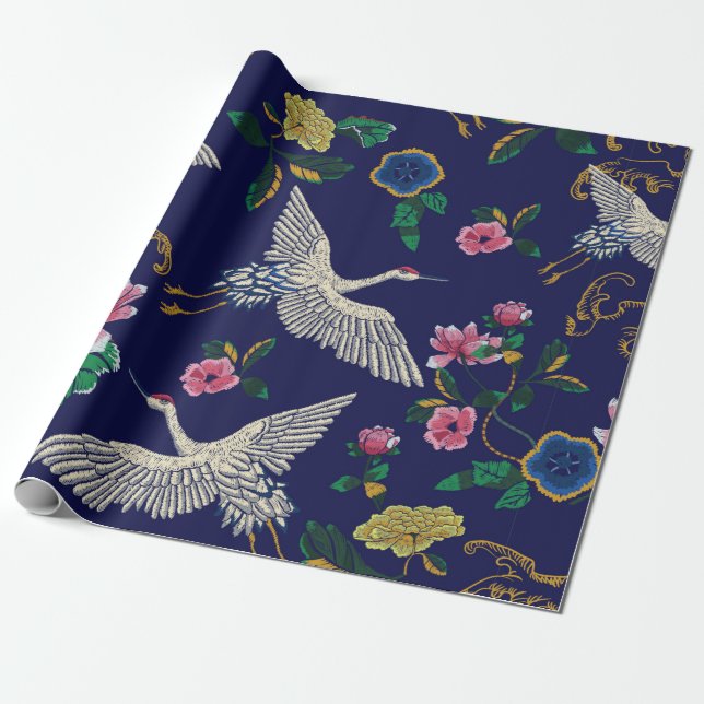 Japanese cranes, waves and flowers. Embroidery ill Wrapping Paper (Unrolled)