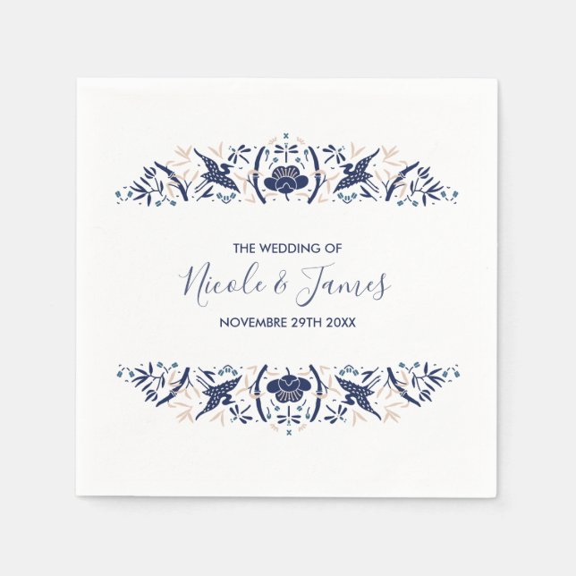 Japanese | Crested ibis Lotus Personalised Wedding Napkin (Front)