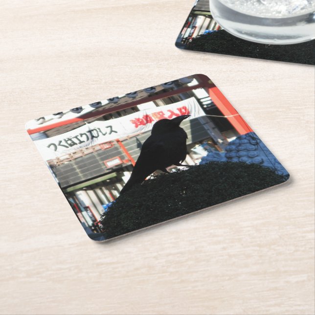 Japanese Crow Square Paper Coaster (Angled)