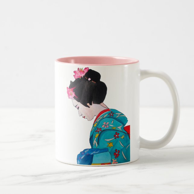 Japanese cute Geisha with cherry blossom Two-Tone Coffee Mug (Right)