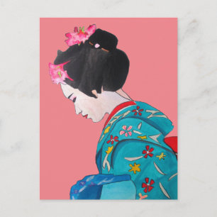 Japanese  cute Geisha with pink cherry blossom Postcard