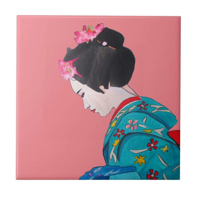 Japanese cute Geisha with pink cherry blossom Tile (Front)