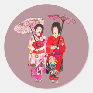 Japanese cute Geisha with pink kimono Classic Round Sticker