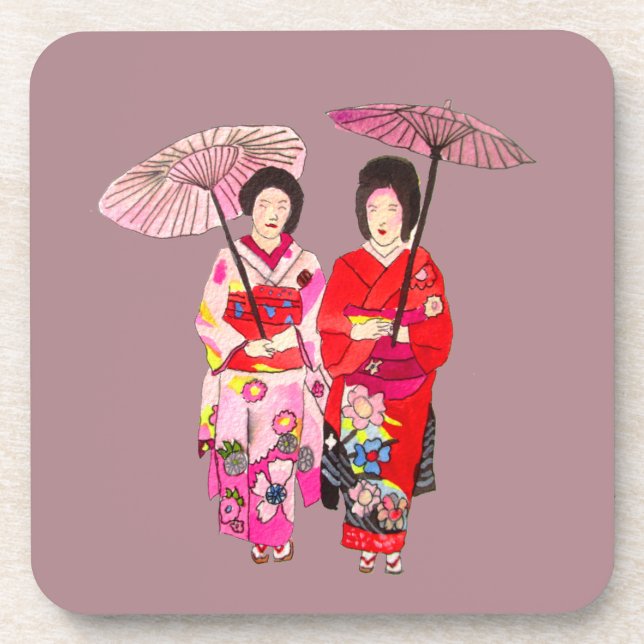 Japanese cute Geisha with pink kimono Coaster (Front)