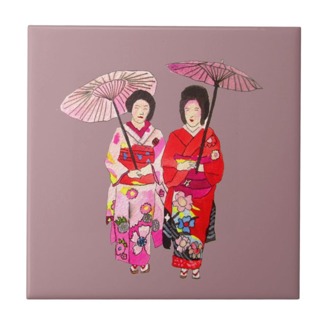 Japanese cute Geisha with pink kimono Tile (Front)