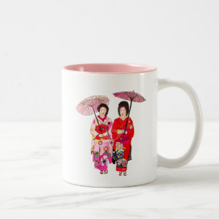 Japanese cute Geisha with pink kimono Two-Tone Coffee Mug
