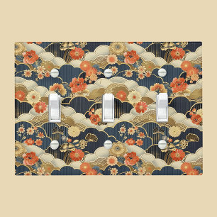 Japanese Dark Blue Orange Gold Flowers and Clouds Light Switch Cover