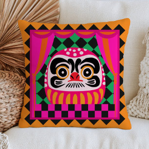 Japanese Daruma Doll on Chequered Pattern Retro Cushion
