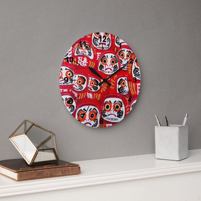 Japanese Daruma Dolls Painting by Alfred Fox Large Clock (Office)