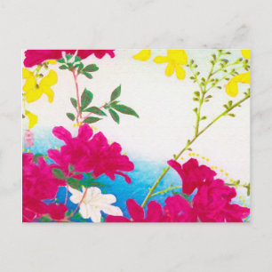 Japanese day lilies - magenta, yellow blue postcard