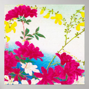 Japanese day lilies - magenta, yellow blue poster