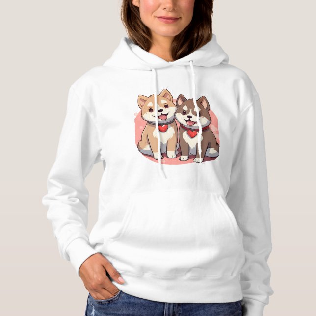 Japanese Dog Couple with Hearts Hoodie (Front)
