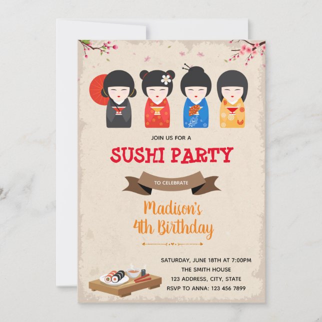 Japanese doll and sushi birthday Invitation (Front)