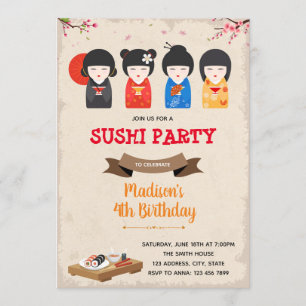 Japanese doll and sushi birthday Invitation