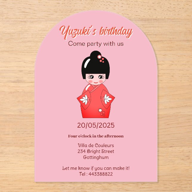 Japanese doll  birthday party acrylic invitations (Front)