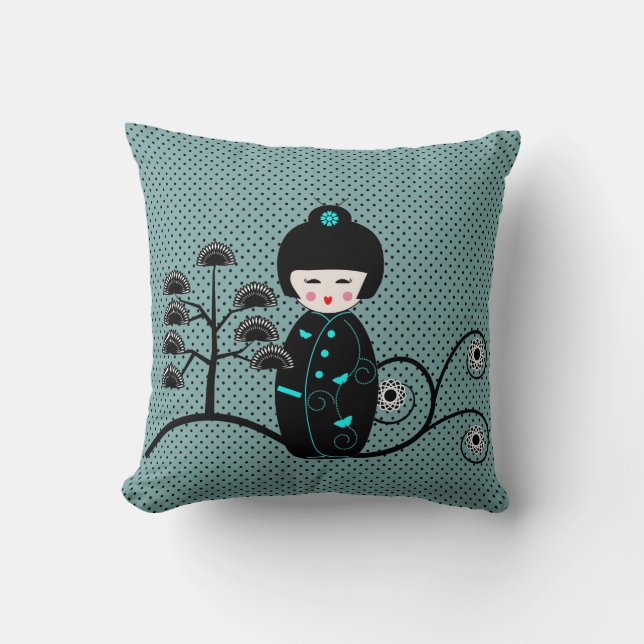 Japanese Doll Black and Blue Polka Dot  Cushion (Front)