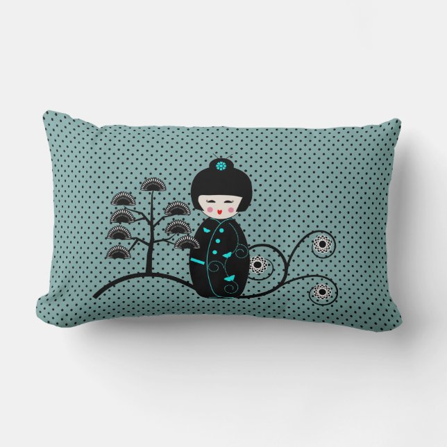 Japanese Doll Black and Blue Polka Dot Lumbar Cushion (Front)