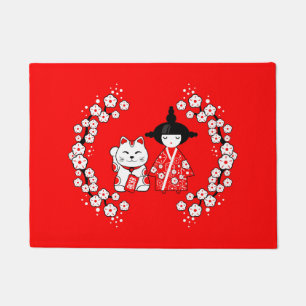 Japanese Doll - Kokeshi and Maneki Neko Cat Doormat