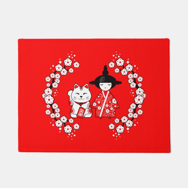 Japanese Doll - Kokeshi and Maneki Neko Cat Doormat (Front)