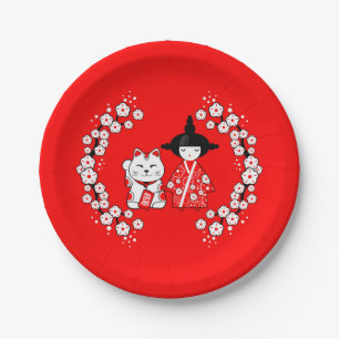 Japanese Doll - Kokeshi and Maneki Neko Cat Paper Plate