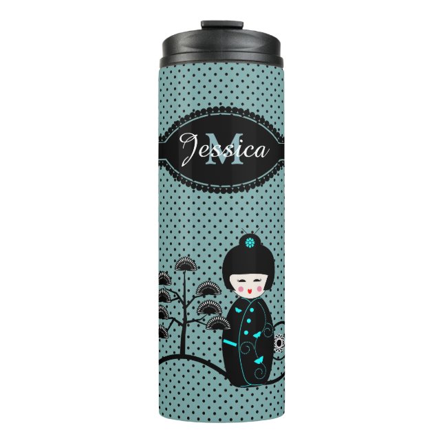 Japanese Doll Polka Dot Blue Personalised Thermal Tumbler (Front)