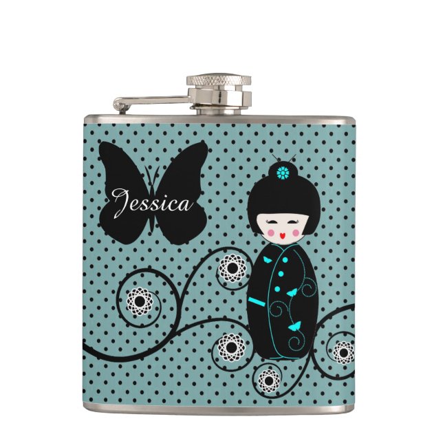 Japanese Doll Polka Dot Personalised Hip Flask (Front)