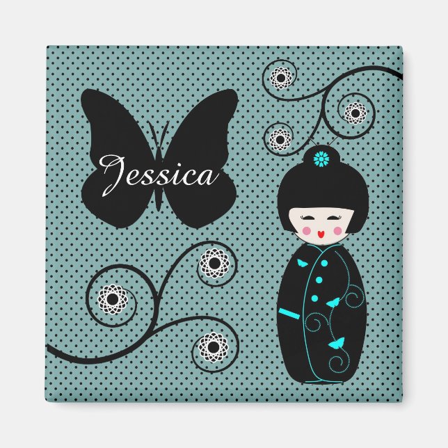 Japanese Doll Polka Dot Personalised Magnet (Front)