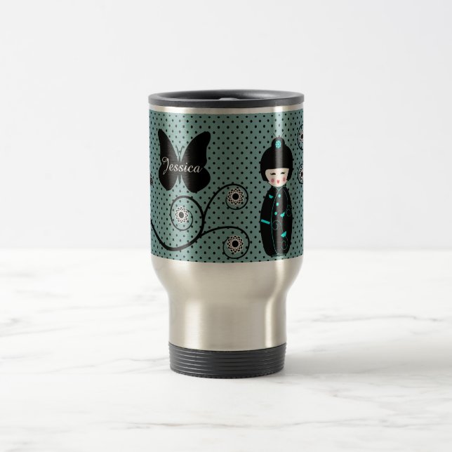 Japanese Doll Polka Dot Personalised Travel Mug (Center)