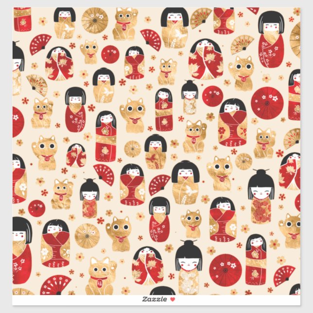 Japanese Dolls - Kokeshi and Maneki Neko Cats (Sheet)