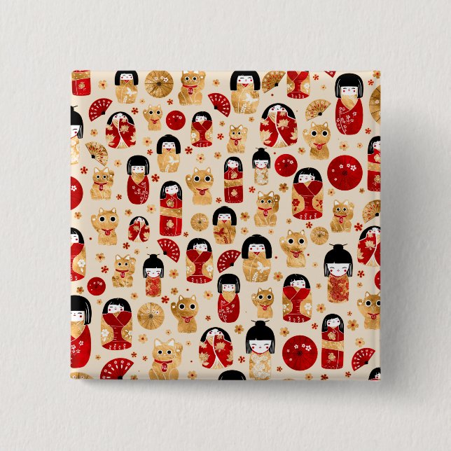 Japanese Dolls - Kokeshi and Maneki Neko Cats 15 Cm Square Badge (Front)