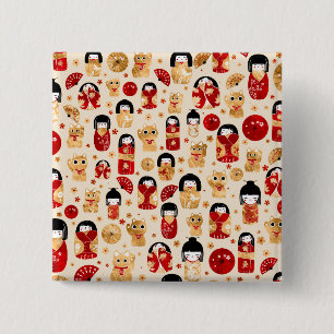 Japanese Dolls - Kokeshi and Maneki Neko Cats 15 Cm Square Badge