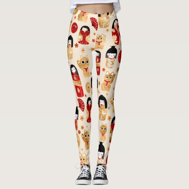 Japanese Dolls - Kokeshi and Maneki Neko Cats Leggings (Front)