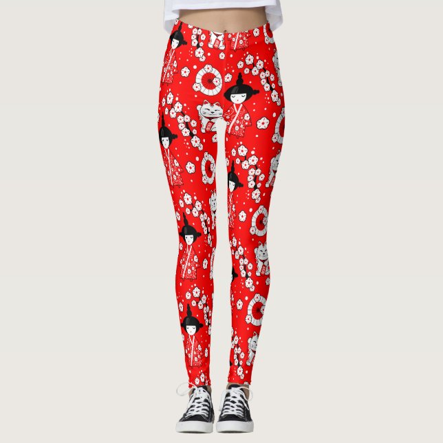 Japanese Dolls - Kokeshi and Maneki Neko Cats Leggings (Front)