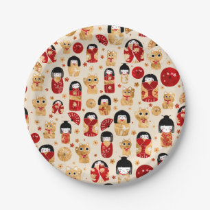 Japanese Dolls - Kokeshi and Maneki Neko Cats Paper Plate