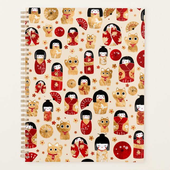 Japanese Dolls - Kokeshi and Maneki Neko Cats Planner (Front)